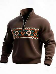 Men's Geometric Pattern Thickened Half-Zip Stand Collar Sweatshirt, Casual Long Sleeve Sweatshirt, Autumn/Winter - Multicolor - View 4