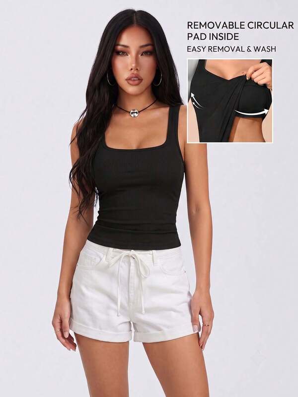 1 pieza Top de tirantes acanalado para mujer, espalda en U profunda, copas acolchadas desmontables 2 en 1, ajuste ceñido, ropa interior y exterior para capas, uso casual en casa, unicolor, todas las estaciones
