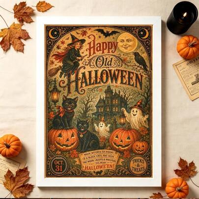 Vintage Happy Old Halloween Vertical Canvas Poster, Antique Paper Texture Little Witch Black Cat Ghost Haunted House Jack-O'-Lantern Moon Crow Print, Unframed Wall Art For Farmhouse Rustic Halloween Home Decor