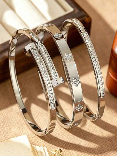 VJS 3pcs Elegant Luxury Stainless Steel Women's Silver Zirconia Bracelet, Suitable For Daily Wear, Valentine's Day Gift, Birthday Gift, Mother's Day Gift