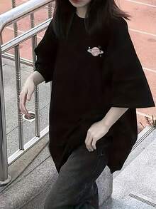 Women Minimalist Y2K Oversized Crew Neck Soft Opaque Breathable Versatile Summer Casual Tee Fast Local Delivery - 黑色 - 查看 4