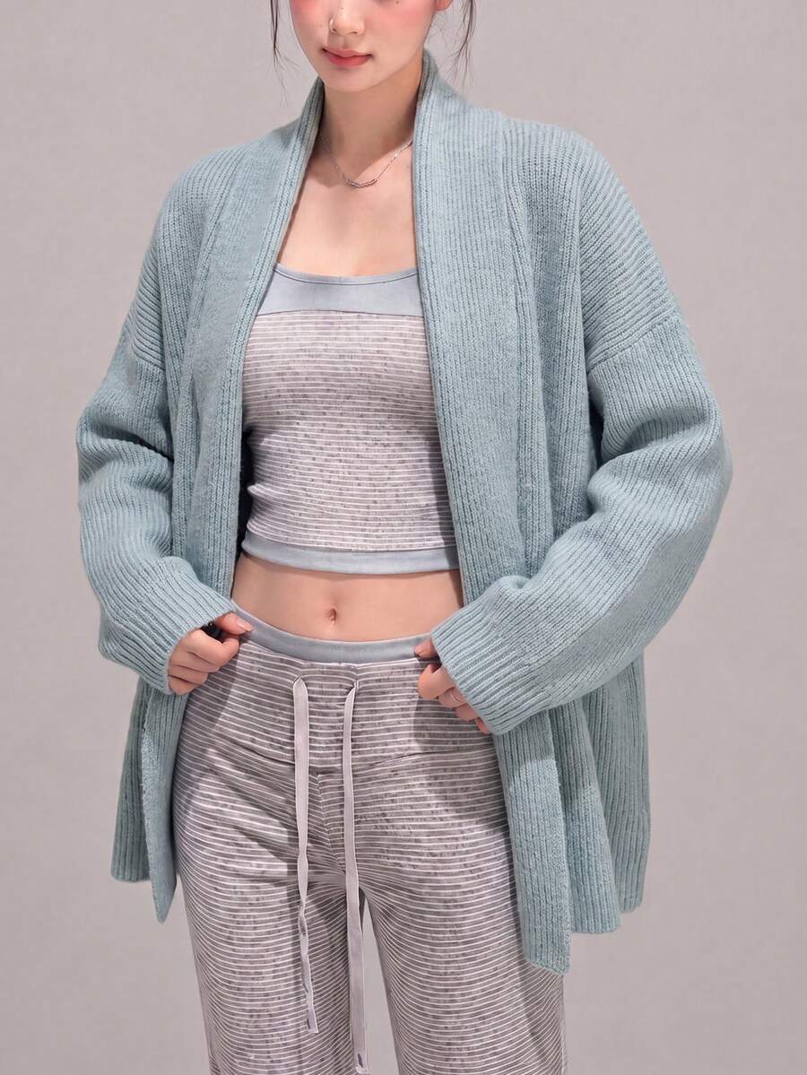 Women's Winter Casual Minimalist Elegant Premium Knit Cardigan Sweater Jacket - Blue - View 1