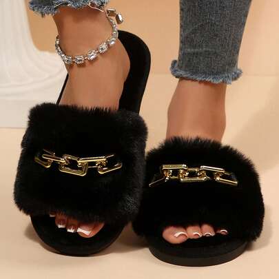 Womens Shoes Bedroom House Slippers Fluffy Faux Fur Metal Chain Decor Open Toe Slides Soft Flat Footbed Warm Luxury Winter