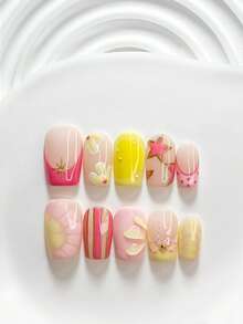 10片裝可愛韓系手工穿戴甲 Polygel 美甲套組，水滴設計，粉色與黃色指甲油，清新俏皮風，含美甲工具，3種尺寸可選：方形、短方形、杏仁形，適合派對、跳舞、日常配戴 - 彩色 - 查看 13