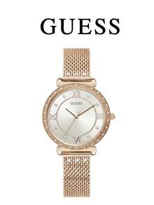 GUESS Women's Quartz Watch With Starry Rhinestone Dial, Roman Numerals, Minimalist White Face, Rose Gold Steel Band, Elegant Luxury Style - Gold - View 5