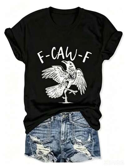 Camiseta de mujer con estampado de cual verde de manga corta con cuello en V, diseño de cuervo y letras, talla única, regalo de cumpleaños, Pascua, Día de la Madre, negro