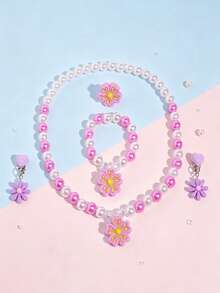 5pcs/Set Floral Faux Pearl Jewelry Necklace Bracelet Ring Clip-On Earrings For Girls Princess Party Dress-Up Gift - one-size - View 2