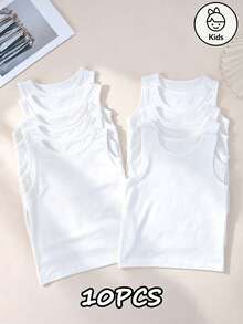 10 piezas Camiseta sin mangas de unicolor para niña joven, unicolor, estilo versátil y sencillo adecuado para primavera y verano - Blanco - Ver 12