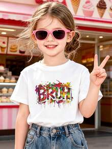 Short-Sleeve T-Shirt Featuring A Colorful Paint-Splatter 'BRUH' Graffiti Text Print, Playful Street-Art Inspired Graphic Top For Tween Girl - White - View 6