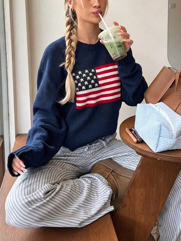 Vuslat Women's Autumn Navy Blue American Flag Embroidered Crew Neck Loose Drop Shoulder Knit Sweater, Red And White Star Stripe Contrast Jacquard