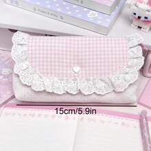 1pc Pink Plaid Lace Storage Bag, Compact Multi-Functional Organizer Bag, Exquisite Lace Trim With Heart Decoration, Suitable For Storing Coins, Cards, Notes, Pens And Cosmetics, Soft Fabric, Perfect For School, Office Organization, Travel, School Supplies - Plaid Lace - View 4