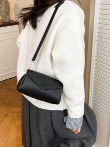 Fashion Solid Color PU Flap Shoulder Bag, Crossbody Bag, Suitable For Women Shopping, Dating, Gifts And Daily Use - Black - View 5