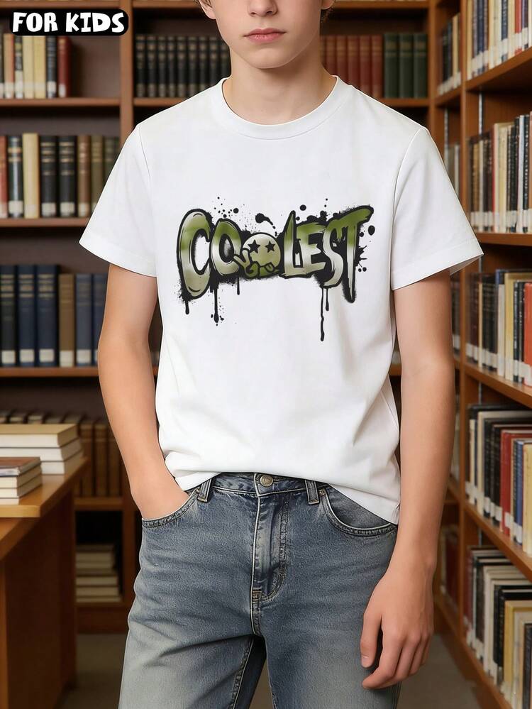 تي شيرت أولاد بطباعة حروف COOLEST برسومات جرافيتي، أكمام قصيرة، حروف محشوة باللون الأخضر، تأثير طلاء أسود متساقط - أبيض - مشاهدة 4