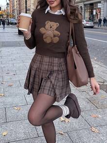 Women's Bear Pattern Casual Daily Wear Knit Top - Brown - View 4