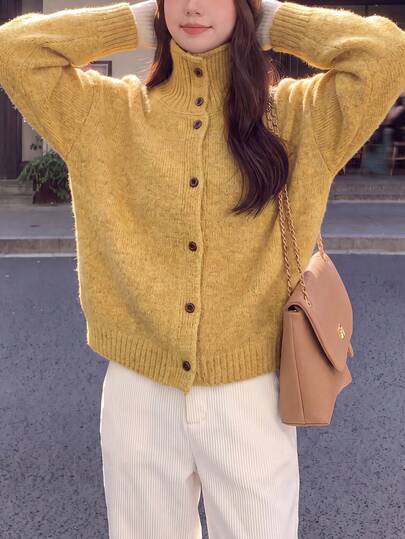 Women's Autumn/Winter Vintage Slouchy Stand-Up/Turn-Down Collar Cardigan Sweater Jacket