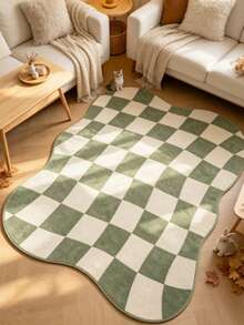 1pc Soft Green Checkerboard Asymmetrical Shaped Artistic Area Rug, Personalized Aesthetic Style Decor Mat, Ins Vibe Living Room Aesthetic Carpet, Modern Minimalist Soft Furnishing Accent, Asymmetrical Shaped Design, Small Rug, Doormat, Home Decor, Washable Carpet - Multicolor - View 1