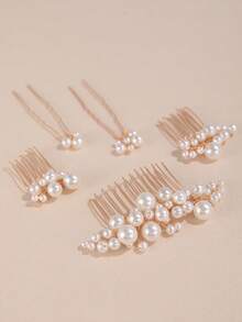 5 Packs Faux Pearl Bead Simple And Fashionable Hair Comb And Hairpin Combination, Daily Hair Decoration, Wedding, Party Hair Accessories - Gold - View 2