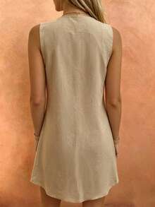 Starfish Shine New "X" Shape Sleeveless Dress - Featuring Traditional Chinese Button Design - Summer Elegant - Khaki - View 3