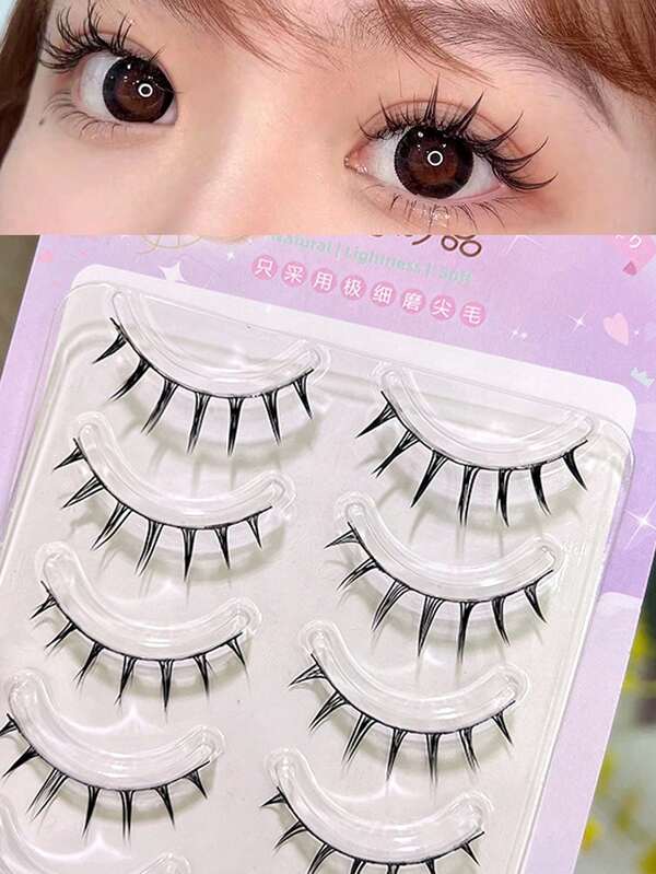 5 Pairs Long Soft Tapered Curly Defined Individual Full Upper False Eyelashes, Eye-Enlarging Reusable Manga Style