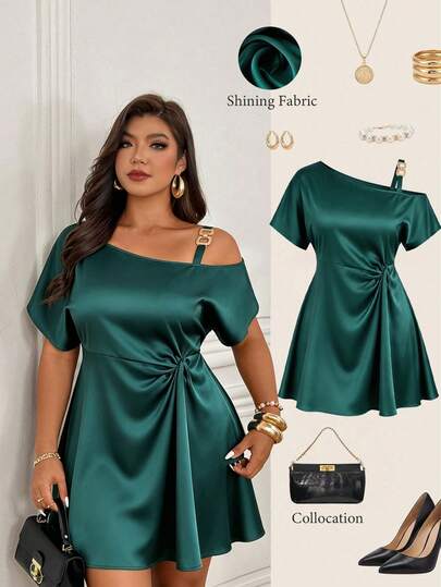 Plus Size Women's Green Short Dress, Short Sleeve One Shoulder Chain Splicing Design, Criss-Cross Tie Detail