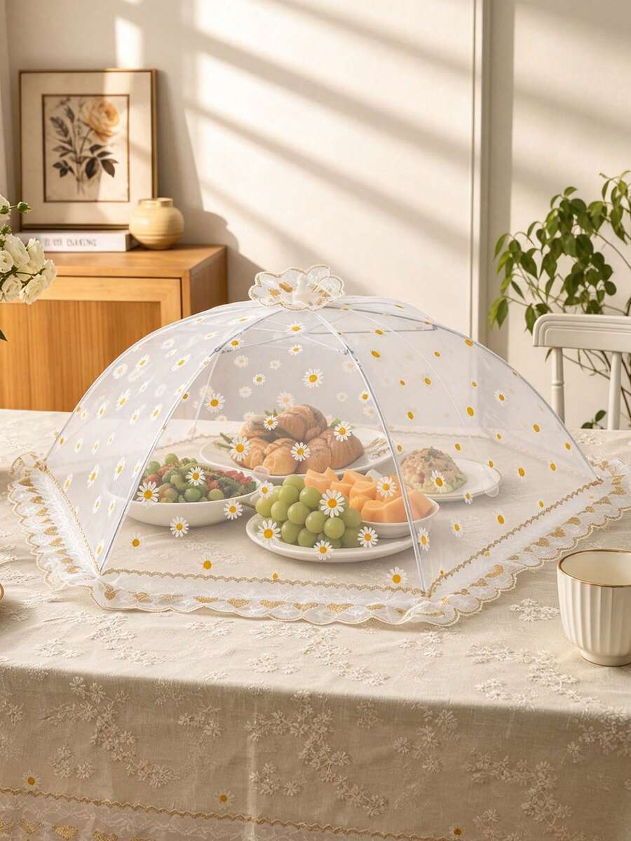 1pc Daisy Pattern Foldable Food Cover Mesh, Embroidered Daisy Mesh Decoration, Mosquito-Proof Tablecloth, Home Tablecloth, Large Foldable Food Cover, Fly-Proof Kitchen And Outdoor Camping Mesh, Food Cover, Home Vegetable Cover, Foldable Vegetable Cover, Home Dining Table Food Cover, Fly-Proof Mesh, Dust-Proof Outdoor Use, Table Protector, Food Platter Accessory, Spring/Summer Outdoor Picnic, Camping Essential