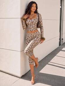 Women's Leopard Print Two Pieces Outfit Set - Square Neck Feather Trim Crop Top & High Waisted Pencil Pants Knit Loungewear - Multicolor - View 8