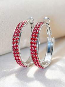 1 Pair Fashionable Exquisite C-Shaped Double-Row Rhinestone Studded Hoop Earrings, Shiny Bling Bling, Pink, Red, Blue, Black, Peach, Violet, Colorful - Party, Gift, Holiday, Daily Wear - Red - View 1