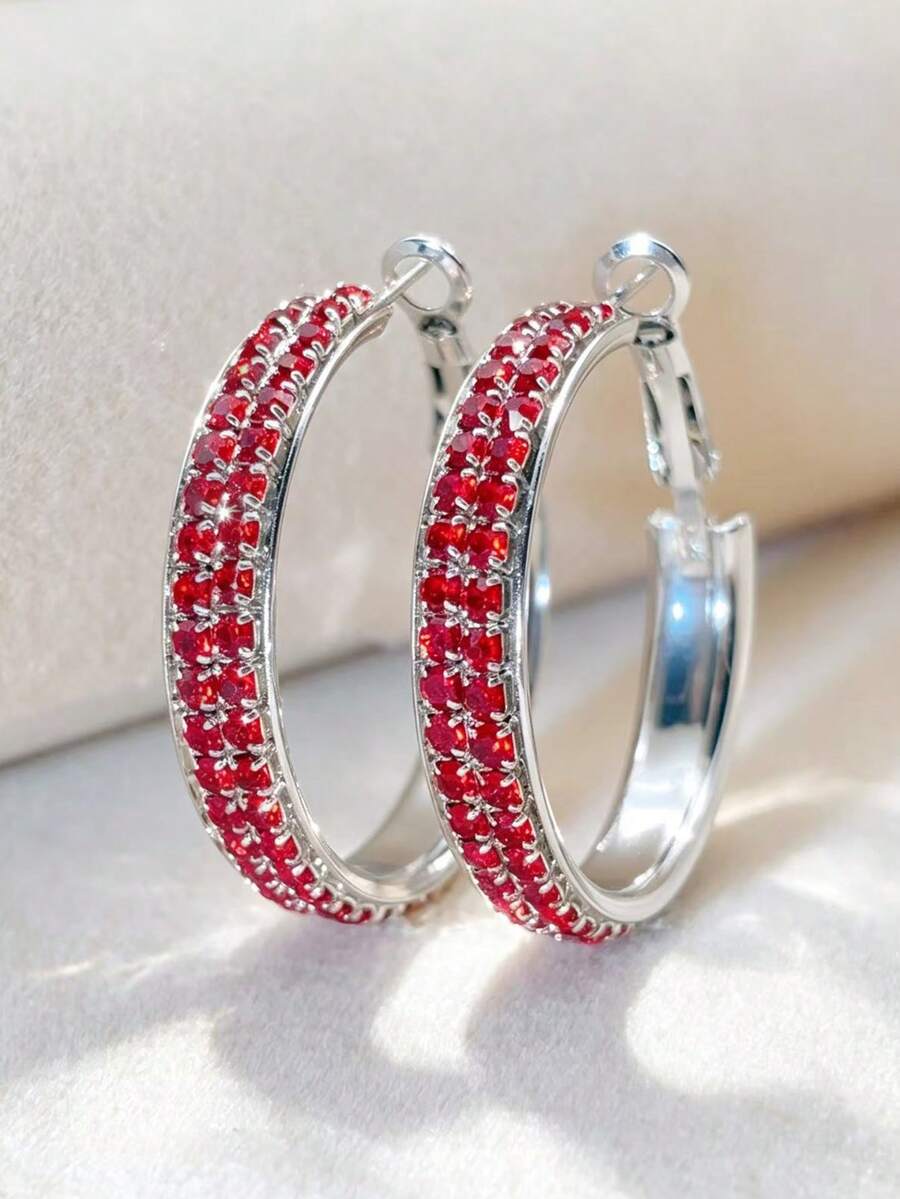 1 Pair Fashionable Exquisite C-Shaped Double-Row Rhinestone Studded Hoop Earrings, Shiny Bling Bling, Pink, Red, Blue, Black, Peach, Violet, Colorful - Party, Gift, Holiday, Daily Wear - Red - View 1