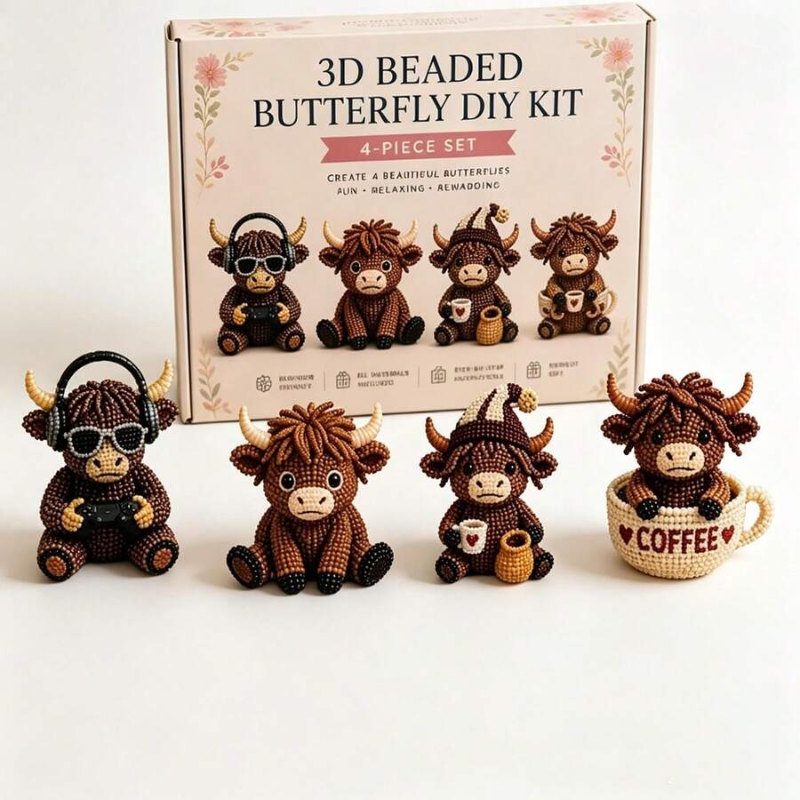 手工趣味 4件組珠飾材料包 DIY 3D動物刺繡套組 簡單手工藝縫紉套組 DIY藝術縫紉動物外星高地牛材料包 (1組) 適合節日手工禮物 - 彩色 - 查看 1