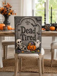 1pc/4pcs/6pcs Gray Halloween Chair Back Cover, Cute Gothic Polyester Dining Chair Slipcover With Dead Tired Tombstone Skeleton Ghost Pumpkin Candy Bat Spider Web Printed Protector For Kitchen, Dining Room, Party, Haunted House And Autumn Home Decor - B - View 1