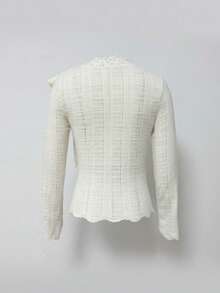Exquisite Lace Crochet High Neck Long Sleeve Knit Sweater, Unique Bow Decor Layered Top, Women's Valentine's Day Outfit, Autumn/Winter/Spring - Apricot - View 7