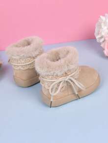 1 Pair Girls' Lace Bow Snow Boots, Thermal Lined, Thick Fur Trim, Soft Sole, Anti-Slip, Autumn/Winter - Beige - View 3