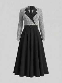 Women's Mid-Length Plaid Dress With Collar, Elegant Vintage Contrast Color Commuter Long Sleeve A-Line Dress With Belt, Autumn - Black - View 6