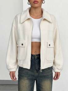 Women's Comfortable Loose Beige Jacket, Open Collar, Zipper Design, Decorative Pockets, Suitable For Autumn/Winter Wear - Apricot - View 7