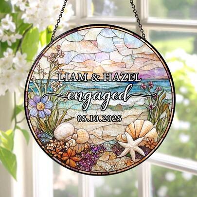 1PC Engagement Stained Glass Suncatcher Annniversary Wedding Gifts For Couple, Beach Engaged Bridesmaid Proposal Gift