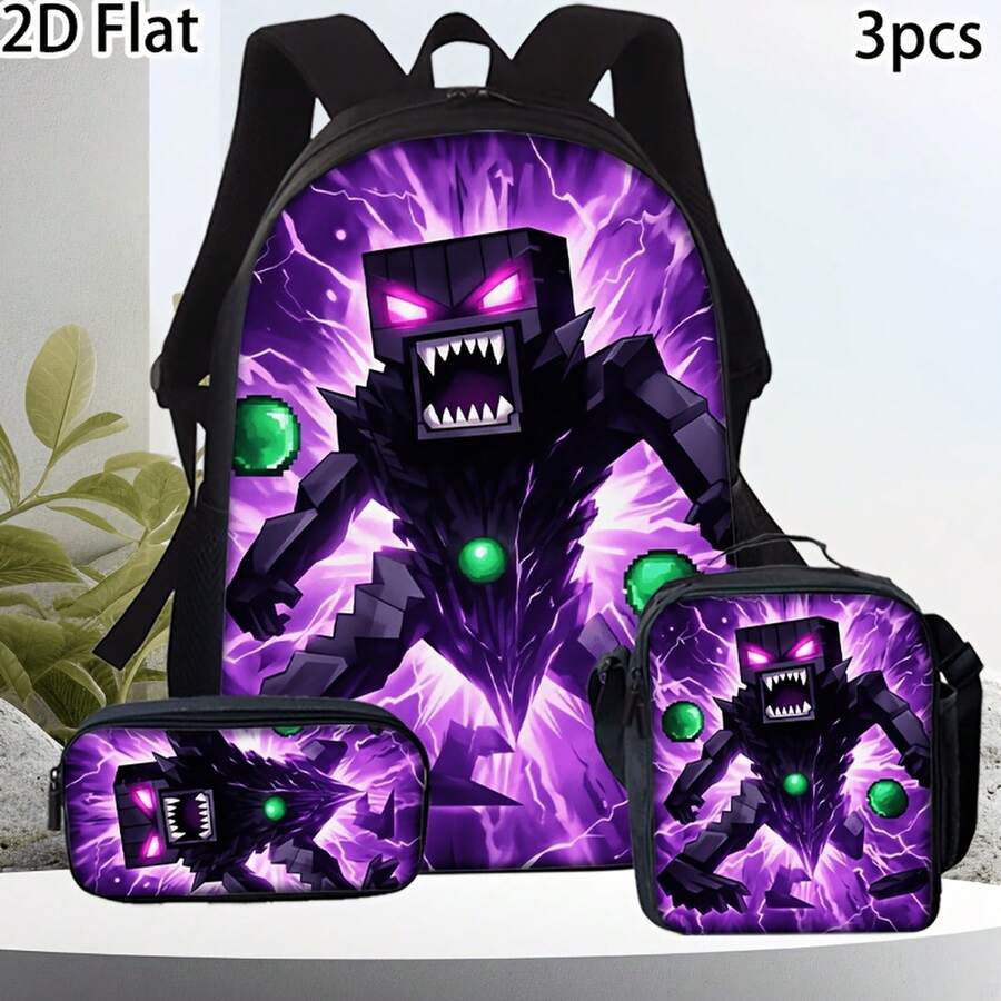 3-teiliges Damen-Taschenset, 2D-Mode-Print-Rucksackset, cooles und  Rucksackset, 3-teiliges Set aus Rucksack, Clutch und Umhängetasche, mit einem furchteinflößenden schwarzen mechanischen Monster-Muster mit Kugel.Geeignet für die täglichen Ausflüge der Menschen - 3-teiliges Set - Übersicht 1