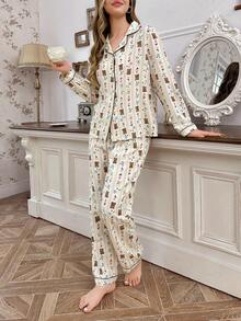 Women's Cream Textured Fabric Teddy Bear & Ditsy Floral Black Trim Notch Neck Long Sleeve Straight Leg Pants 2 Pieces Pajama Set - Multicolor - View 3