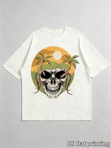 Men's Retro Tropical Sunset Skull Print Oversized Short Sleeve T-Shirt, Casual Hip Hop Street Style Loose Crew Neck Tees, Summer Fashion Comfortable C - White - View 4