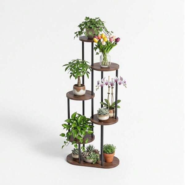 EZIFY Étagère à plantes verticale à 6 niveaux, gain de place, support compact (0,1 m²), structure en acier robuste (charge maximale de 13 kg), design en bois stratifié, idéale pour l'intérieur et l'extérieur (balcon, jardin, terrasse, salon, cour).