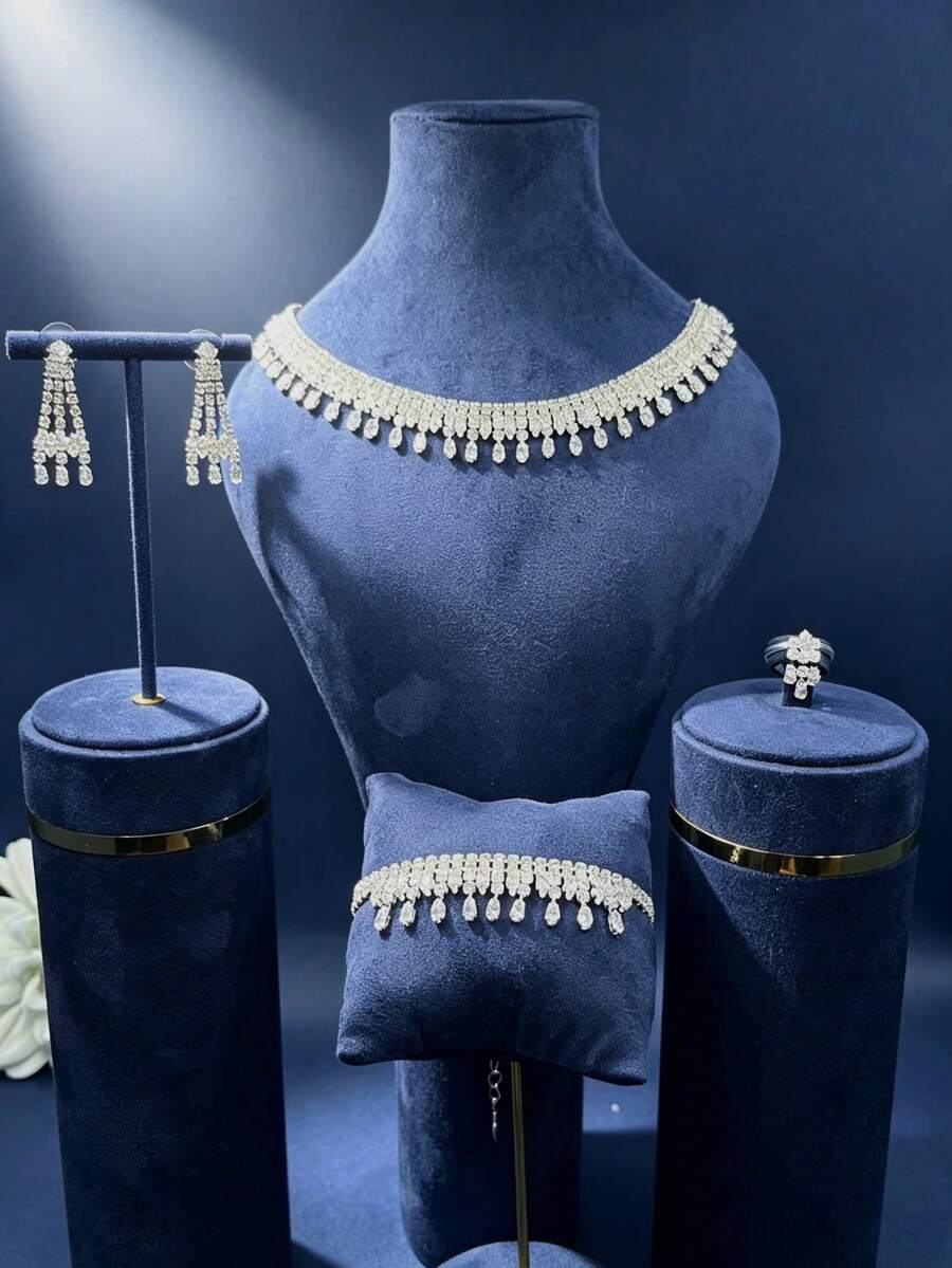 1 Set Luxury Fashion Zirconia Necklace, Earrings, Bracelet, Ring 4-Piece Jewelry Set For Women, Bridal Wedding Evening Party Formal Engagement High-End Jewelry - Silver - View 1