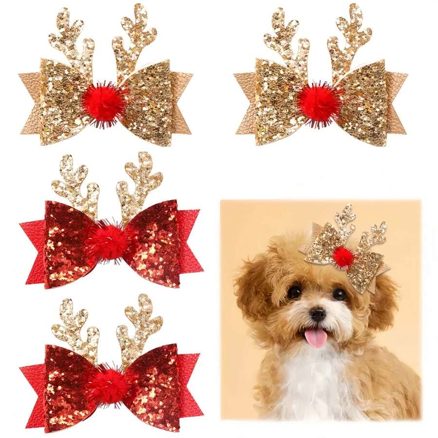 1/2/4pcs Pet Cat Dog Bow Deer Theme Hair Clips, Suitable For Daily/Christmas Party Use - Multicolor - View 1