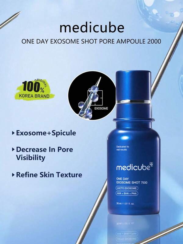 Medicube ONE DAY EXOSOME SHOT 毛孔安瓶 2000，安瓶精華質地，輕盈快吸收，密集護膚，日常護理，快速煥活肌膚，K-Beauty，韓系彩妝，Olive Young，禮品，30ml/1.01 Fl.Oz