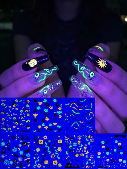 7 tờ miếng dán móng tay Halloween dạ quang, decal nghệ thuật móng hình dơi tối màu và ma, miếng dán móng tự dính cho làm móng DIY, tiệc đêm và tạo kiểu lễ hội