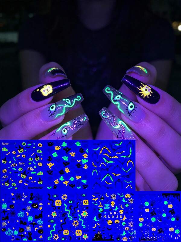 7 Sheets Fluorescent Halloween Nail Stickers, Dark Bat & Ghost Nail Art Decals, Self-Adhesive Nail Stickers For DIY Manicure, Night Party And Holiday Styling
