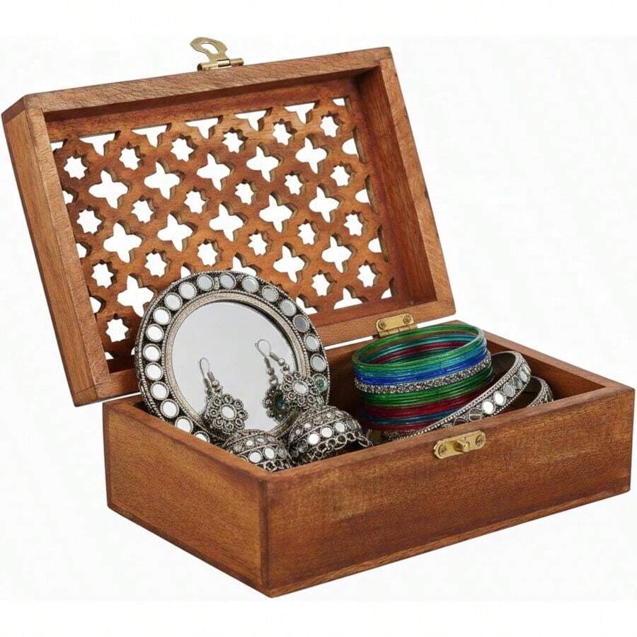 5" X 4.5"X 3" Wood Box With Lid - Trellis Medium Polish - Handcrafted Keepsake Box - Medium Storage Jewelry Home Dcor Accents - 1PC - View 1