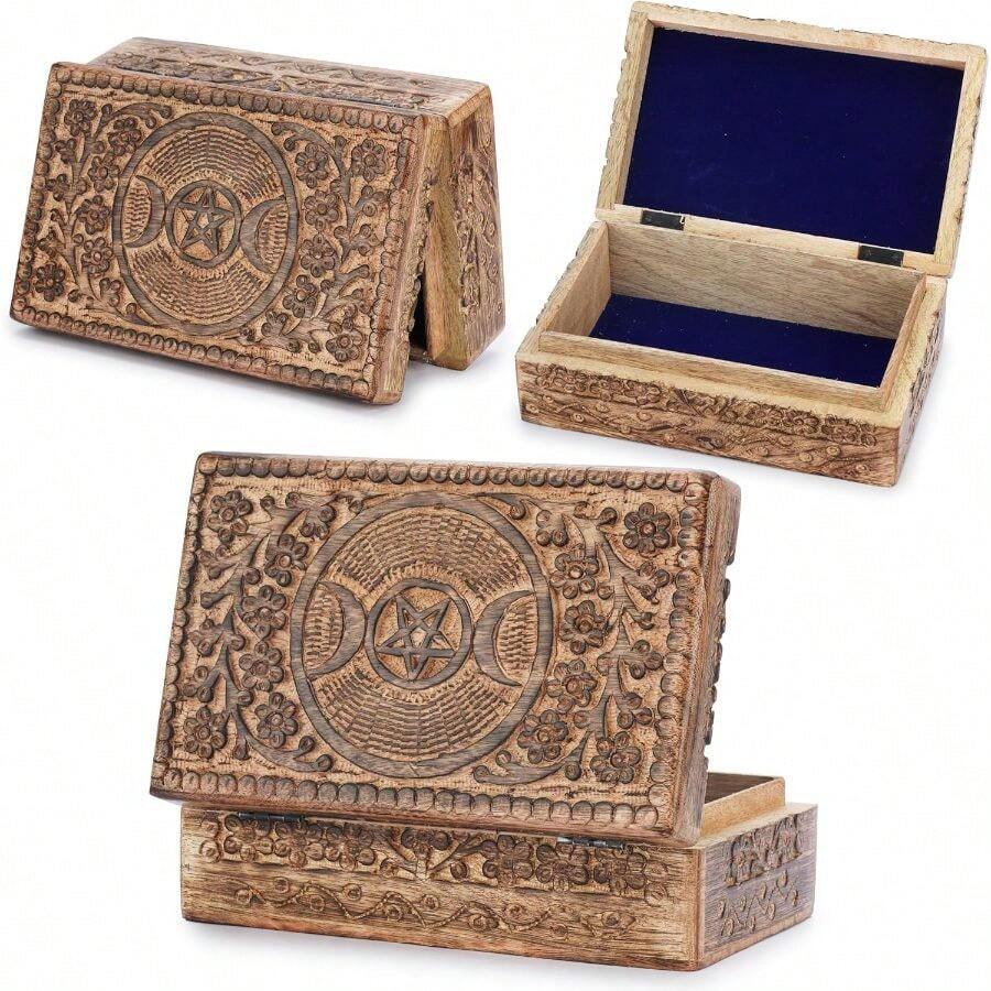 Wooden Hand Carved Decorative Jewelry Box Moon Carvings Vintage Keepsake Storage Organizer Travel Treasure Chest Trinket Holder Great Gifts 8x5 Inch - 1PC - View 1