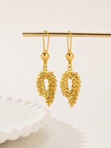 2pcs 24K Gold Plated Bohemian Hollow Leaf Wheat Pattern Water Drop Pendant Earrings For Women, Daily & Vacation Jewelry - Yellow Gold - View 3