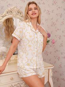 2pcs Women's Comfortable Coconut Tree & Boat Print Short Sleeve Collared Top And Bow Shorts Pajama Set, Spring/Summer - Yellow - View 1