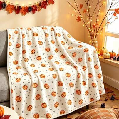 1PC Queen Neutral Pumpkin Star Moon Plush Fleece Blanket All Over Fall Autumn Print Cozy Soft Lightweight Portable Bed Couch Throw, Ramadan Thanksgiving Halloween Birthday Gift Farmhouse Room Decor