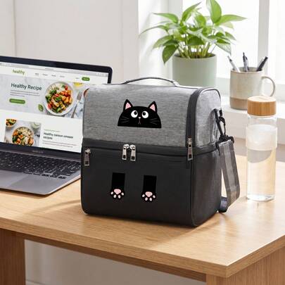1 Piece, Creative Cat Pattern Printed Insulated Lunch Bag, Large-Capacity Tote Lunch Bag, Suitable For Office Workers And Travel